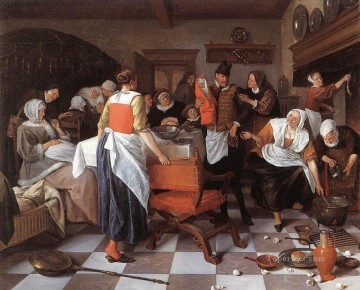 Jan Steen Painting - Celebrating The Birth Dutch genre painter Jan Steen